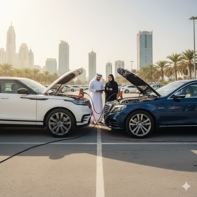 Safe car jumpstart in a Dubai parking area