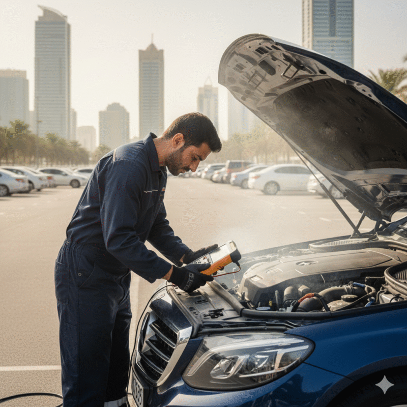 Technician checking a battery overheating issue in Dubai