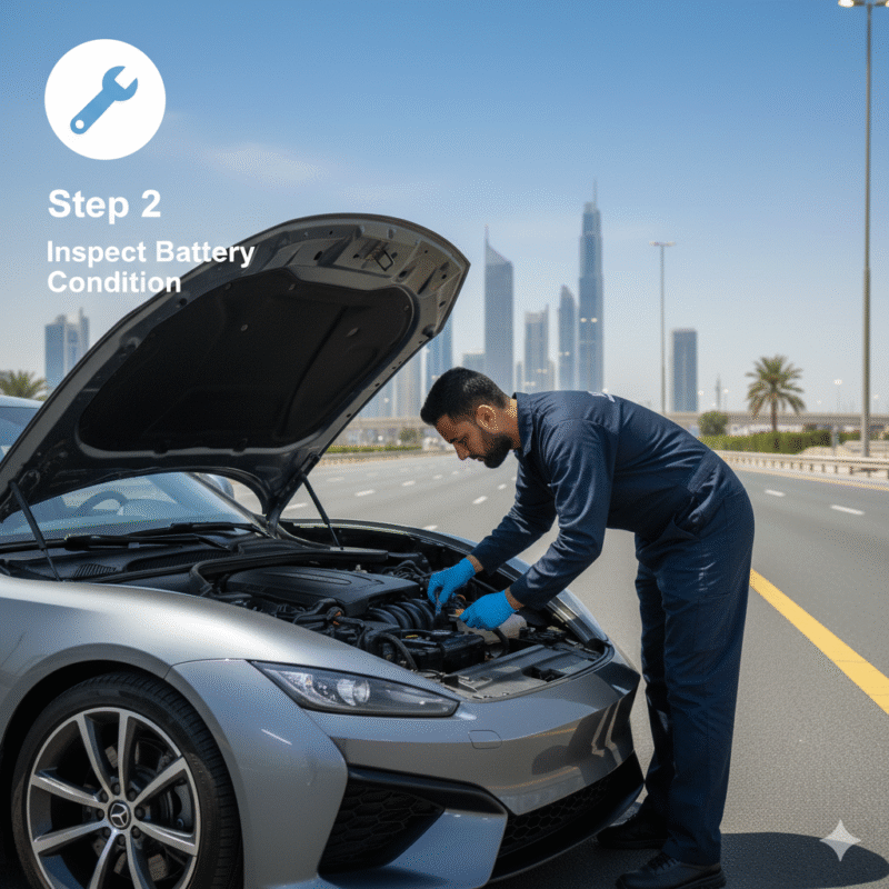 Step 2 inspect battery condition for professional jumpstart Dubai