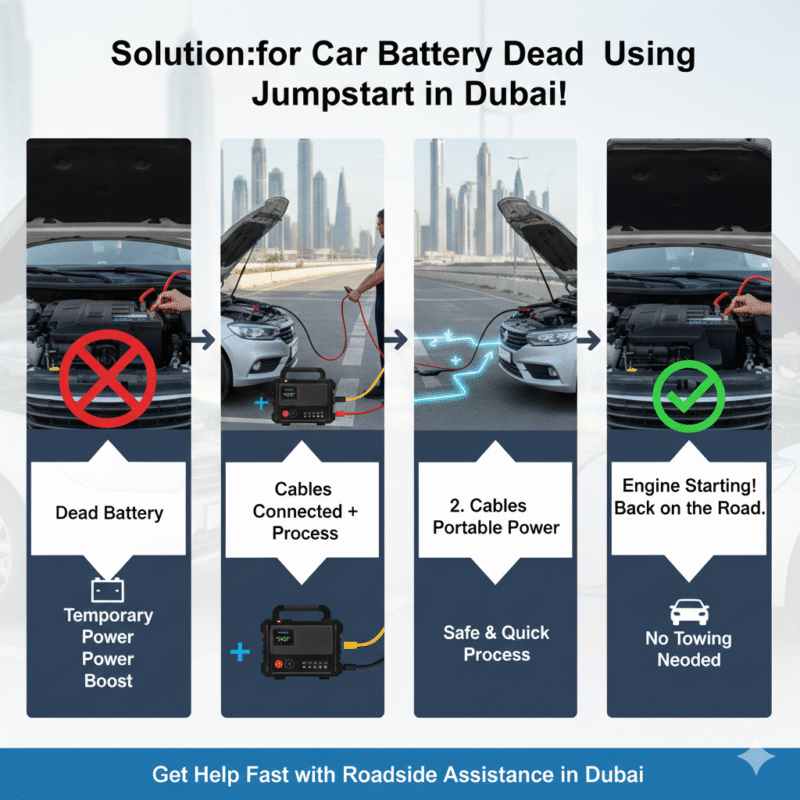 Dead car battery in Dubai being safely jumpstarted