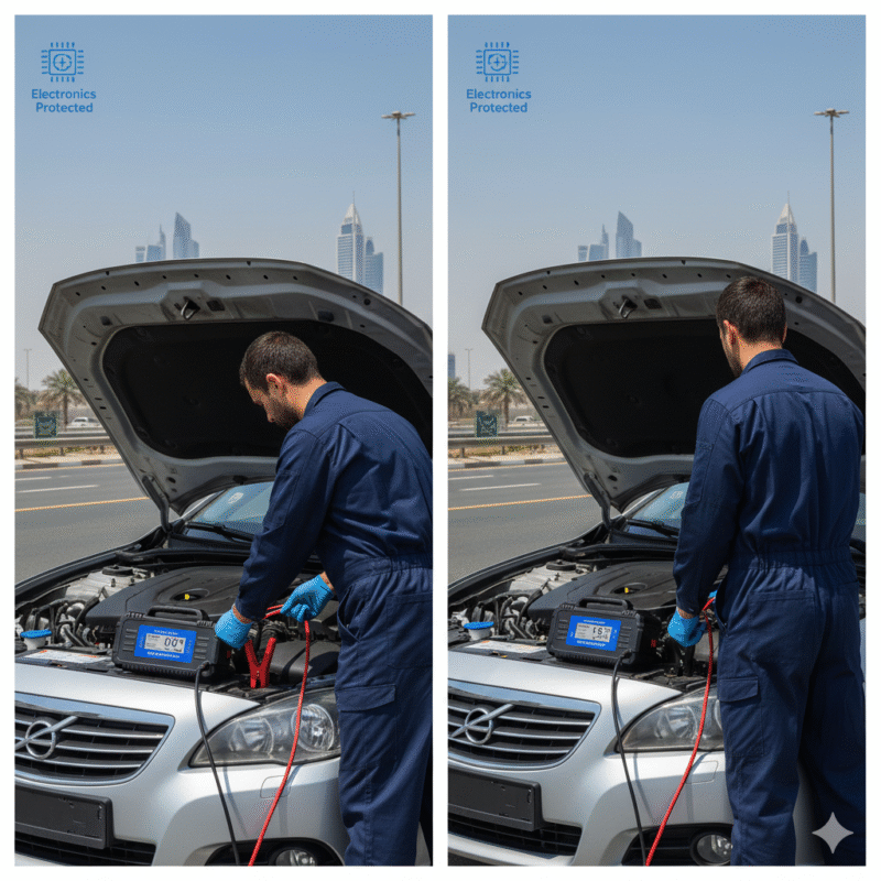 step by step professional jumpstart process for completely dead car battery in Dubai