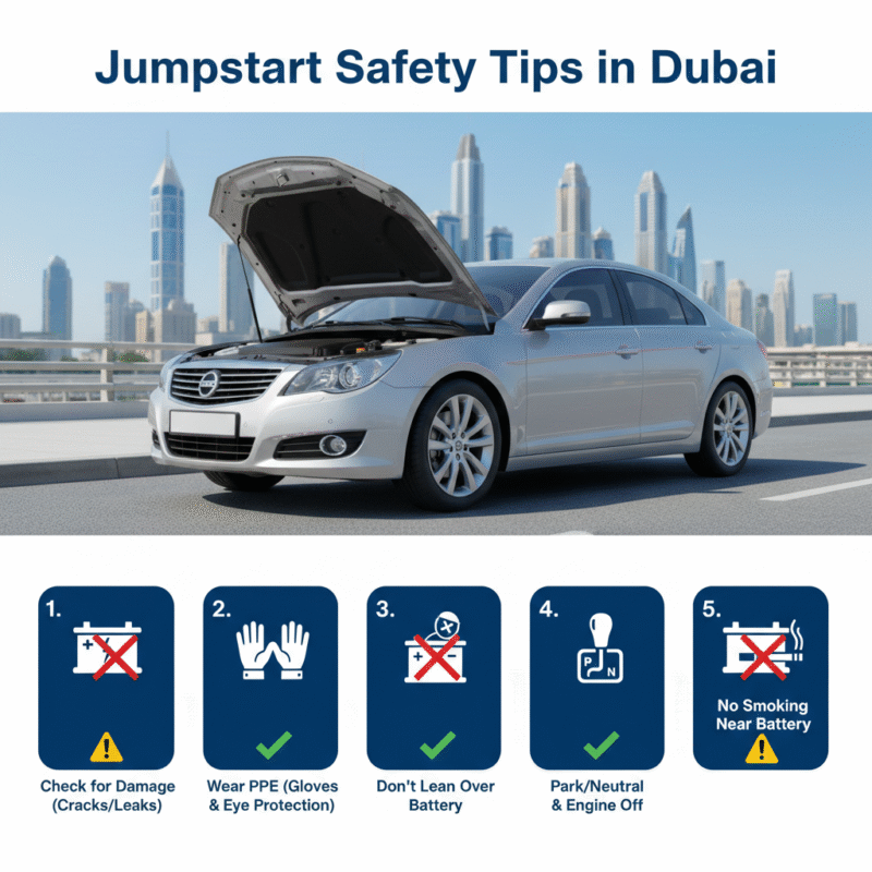 Safety infographic showing precautions for jumpstarting a car battery in Dubai