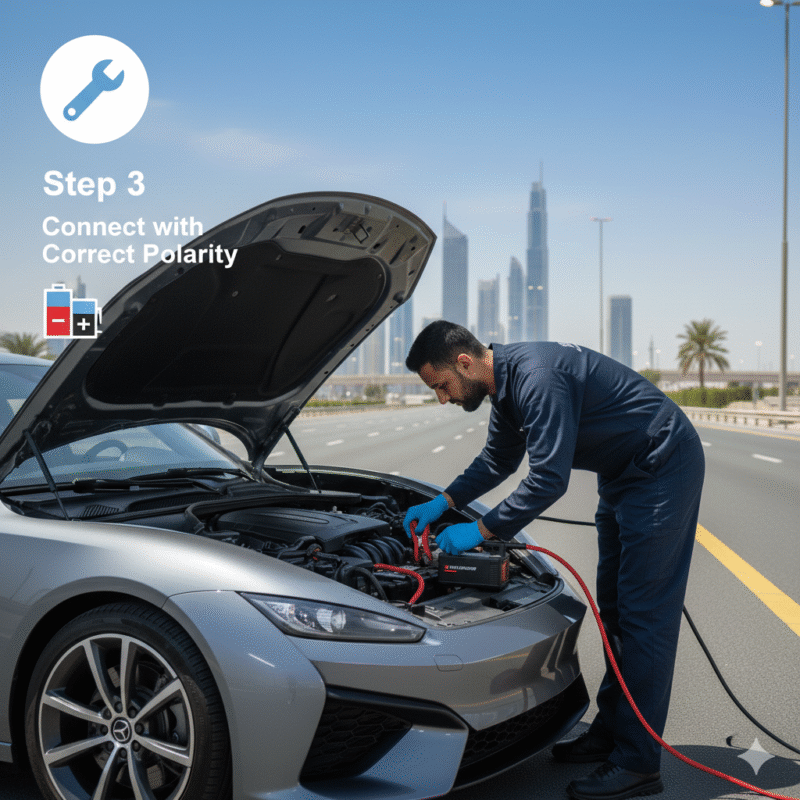 Step 3 connect booster pack or jumper cables for professional jumpstart Dubai
