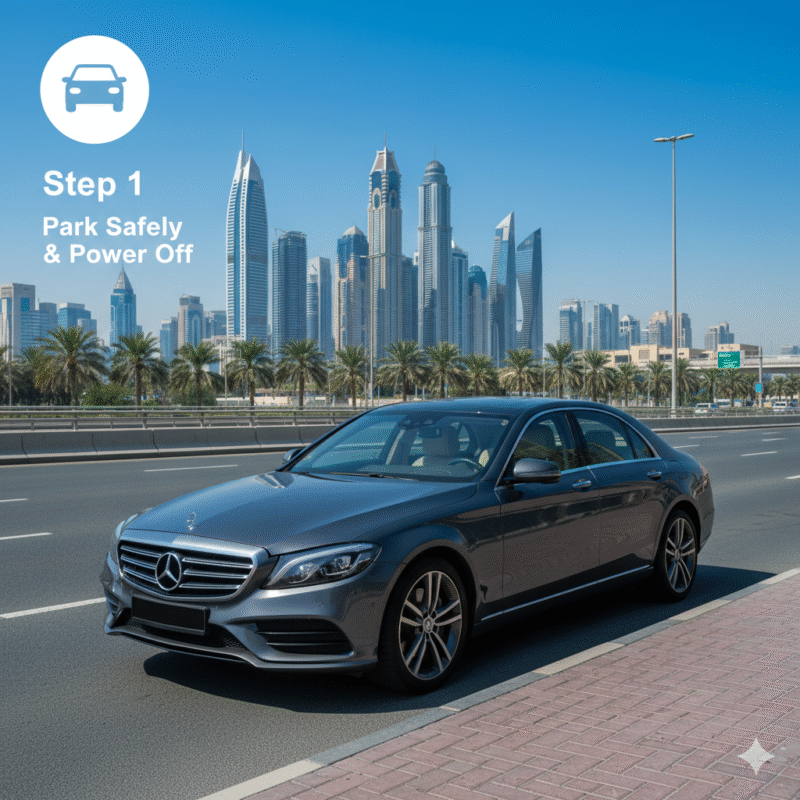 Step 1 secure vehicle for professional jumpstart Dubai