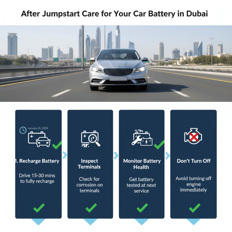 Infographic showing steps to maintain a car battery after jumpstarting in Dubai