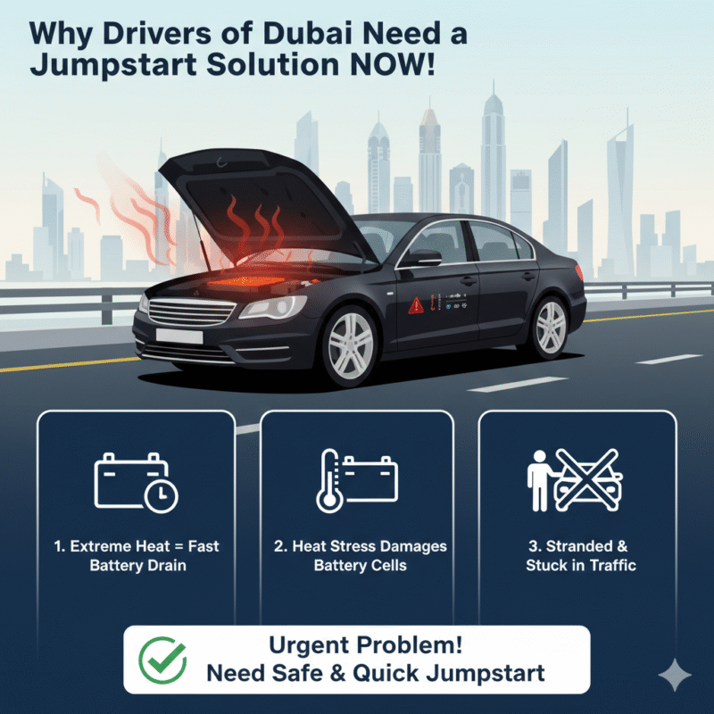 Car stranded in Dubai due to dead battery, highlighting heat, traffic, and electronics drain