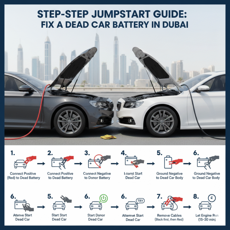 Step-by-step guide showing correct jumper cable connections to fix a dead car battery in Dubai