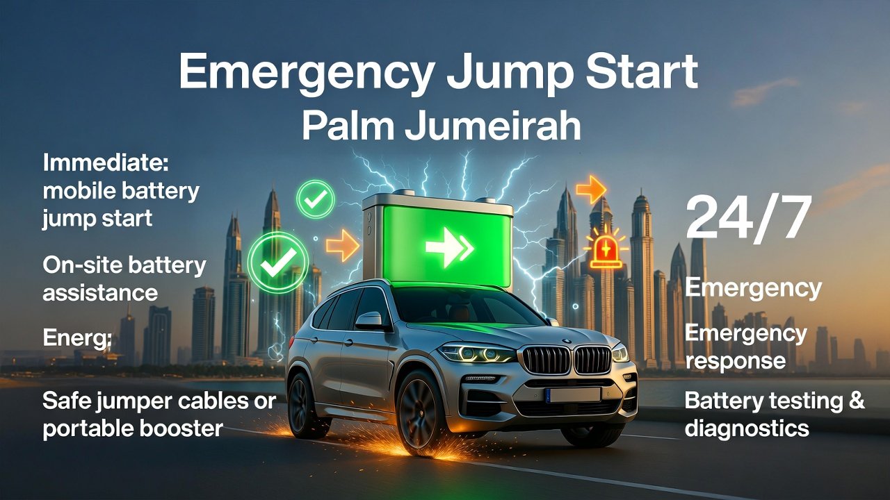 “High-quality infographic-style feature image showing emergency jump start services in Palm Jumeirah, with animated vehicle in the center, title at top, and key points on sides.”