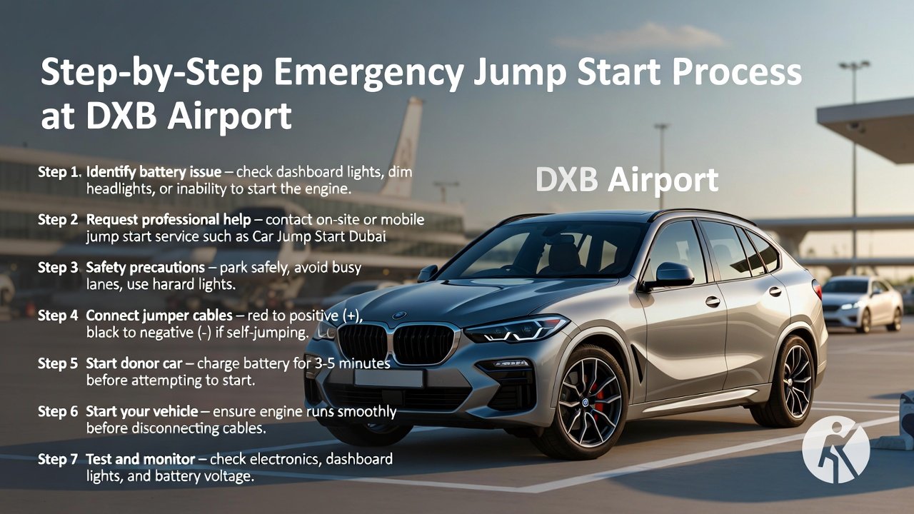 “Animated user guide showing step-by-step emergency jump start process at DXB Airport, with luxury car in center and steps displayed on sides including identifying battery issue, professional help, safety precautions, jumper connection, starting donor car, engine start, and monitoring.”