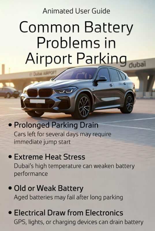 “Animated user guide showing common battery problems for cars parked at Dubai Airport, highlighting prolonged parking drain, heat stress, old batteries, and electronic power draw.”
