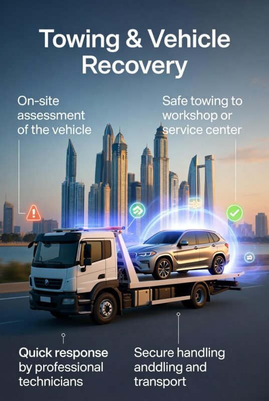 “Feature image illustrating towing and vehicle recovery services in Palm Jumeirah, with animated vehicle in center, title at top, and key points displayed on sides in infographic style.”