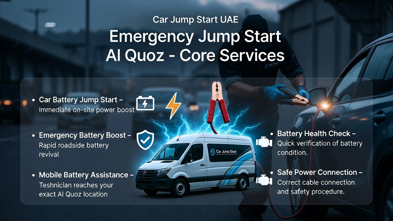 Infographic showing core services of Emergency Jump Start Al Quoz with technician performing jump start and service points displayed on sides.