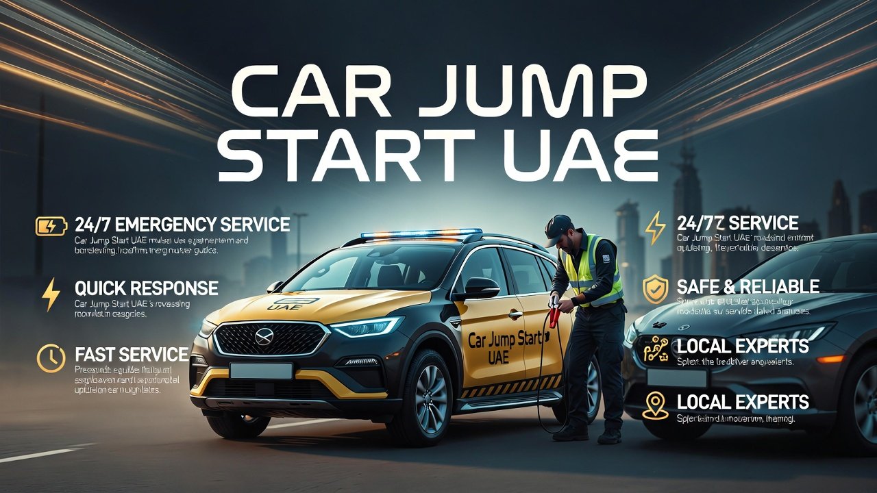 Professional roadside assistance technician performing car battery jump start in Dubai with key service highlights displayed in infographic style layout.