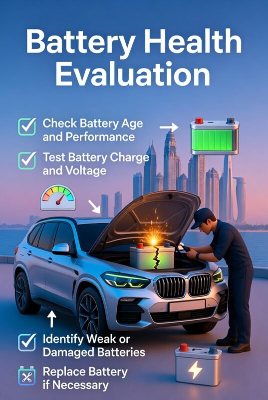 “Feature image illustrating battery health evaluation services in Palm Jumeirah, with animated vehicle in center, title at top, and key points displayed on sides in infographic style.”
