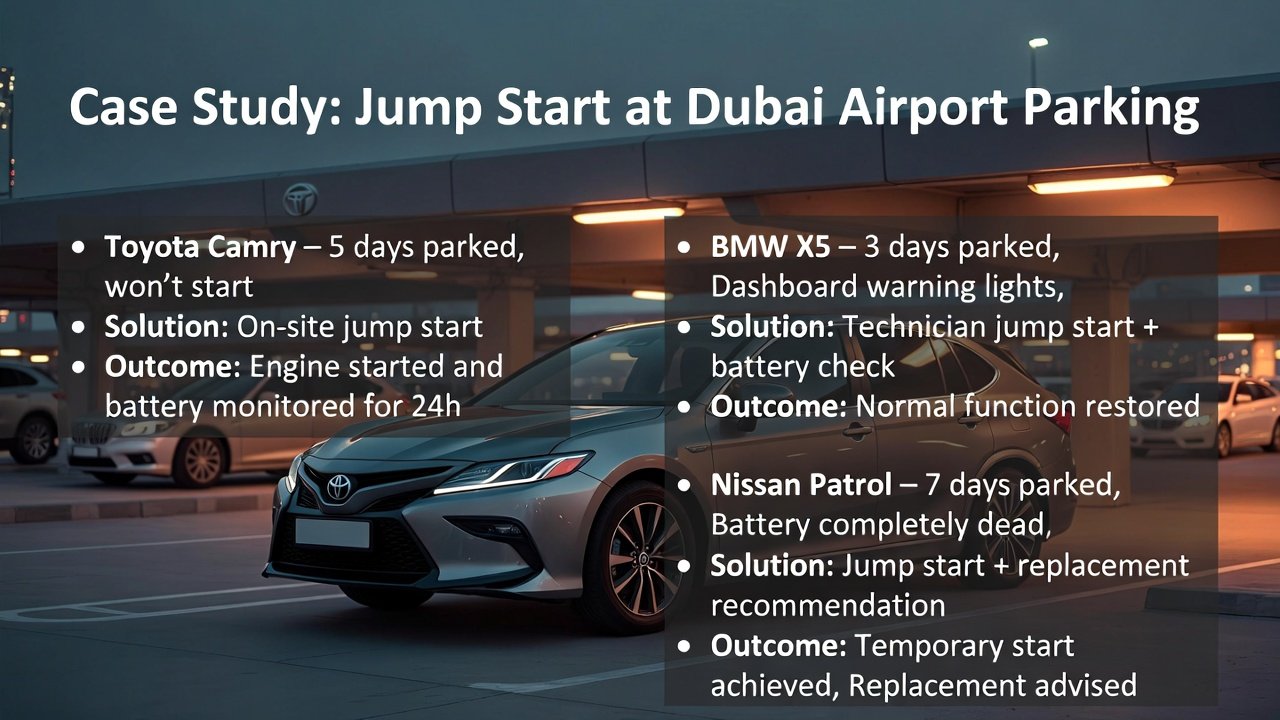 “Animated user guide showing a case study of jump start services at Dubai Airport parking, featuring Toyota Camry, BMW X5, and Nissan Patrol with parking duration, problems, solutions, and outcomes.”