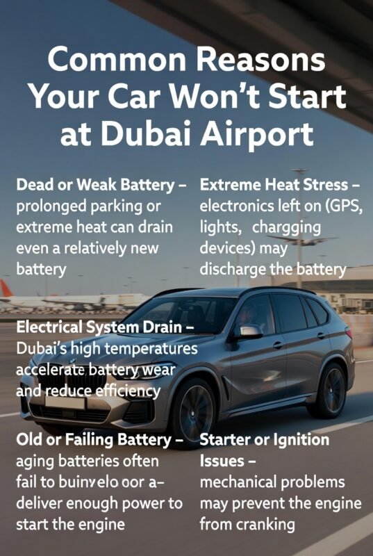 “Animated user guide showing common reasons a car won’t start at Dubai Airport, featuring a luxury car in the center and side points including dead or weak battery, electrical system drain, extreme heat stress, old/failing battery, and starter or ignition issues.”