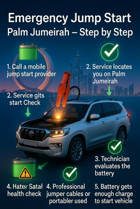 “Feature image illustrating step-by-step emergency jump start process in Palm Jumeirah, with animated vehicle in the center, title at top, and key steps displayed on sides in infographic style.”