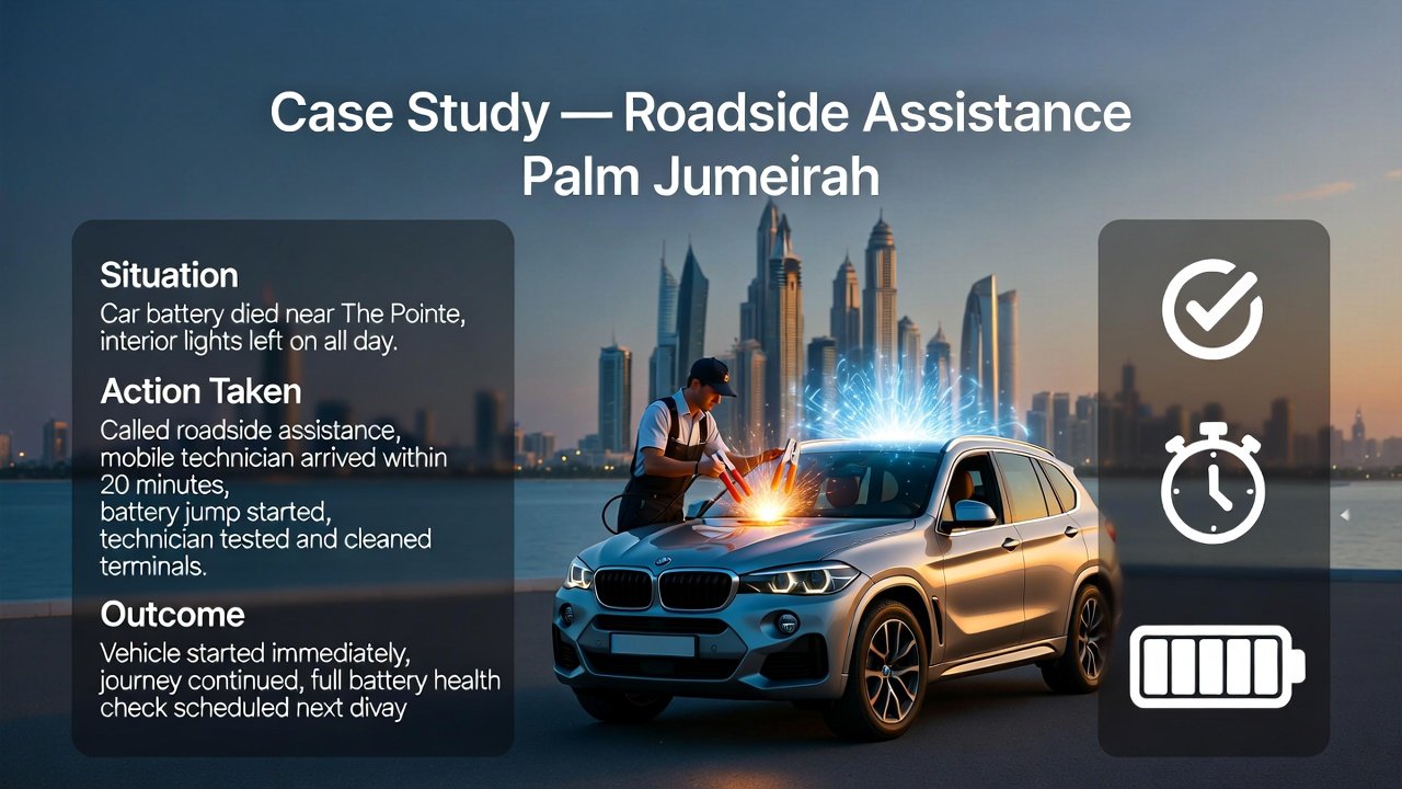 “Feature image illustrating a case study of roadside assistance in Palm Jumeirah, with animated vehicle in center, title at top, and key situation, action, and outcome points on sides in infographic style.”