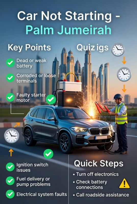 “Feature image illustrating car not starting in Palm Jumeirah, with animated vehicle in center, title at top, and key points displayed on sides in infographic style.”