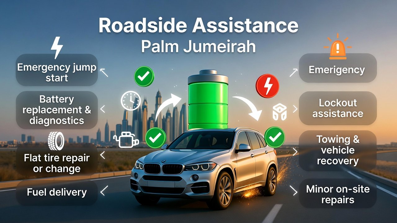“Feature image illustrating roadside assistance services in Palm Jumeirah, with animated vehicle in center, title at top, and key services displayed on sides in infographic style.”