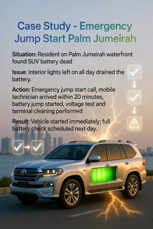 “Feature image illustrating a case study of emergency jump start in Palm Jumeirah, with animated SUV in center, title at top, and key situation, issue, action, and result points on sides in infographic style.”