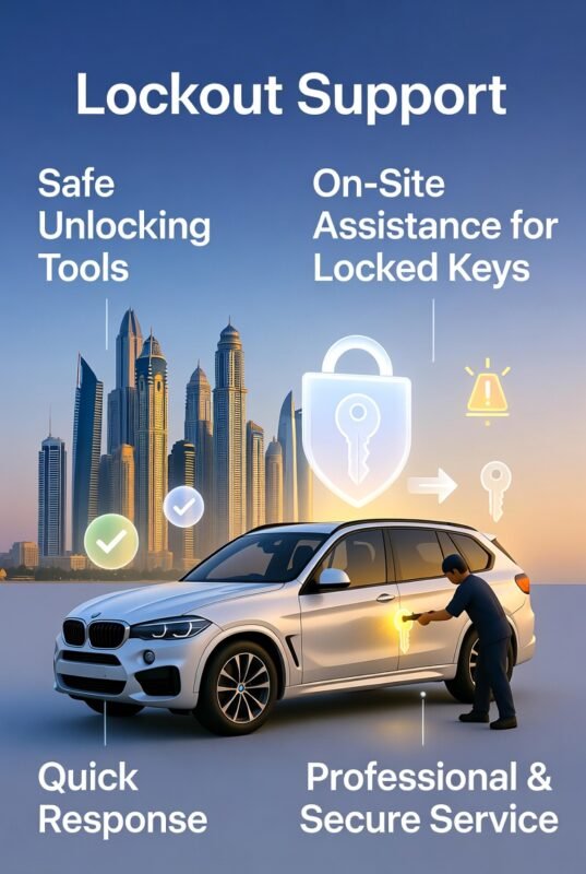 “Feature image illustrating lockout support services in Palm Jumeirah, with animated vehicle in center, title at top, and key points displayed on sides in infographic style.”