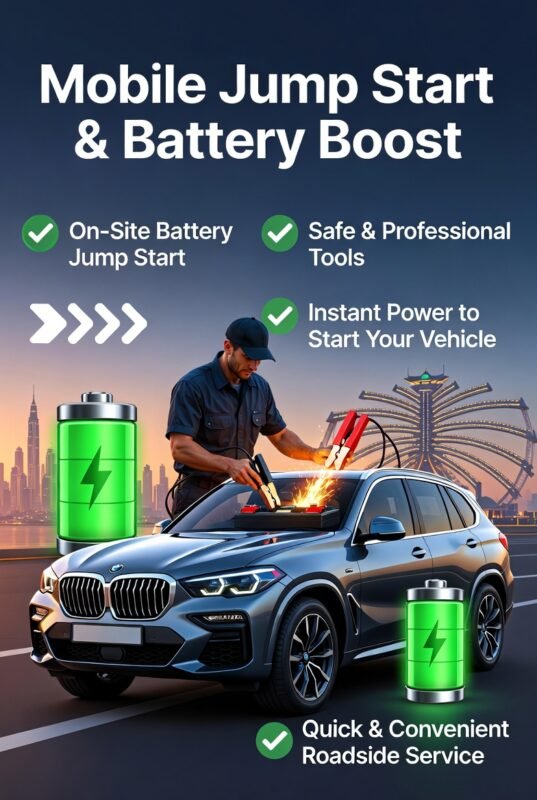 “Feature image illustrating mobile jump start and battery boost services in Palm Jumeirah, with animated vehicle in center, title at top, and key points displayed on sides in infographic style.”