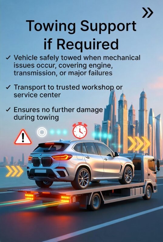 “Feature image illustrating towing support services in Palm Jumeirah, with animated vehicle on flatbed in center, title at top, and key towing support points displayed on sides in infographic style.”