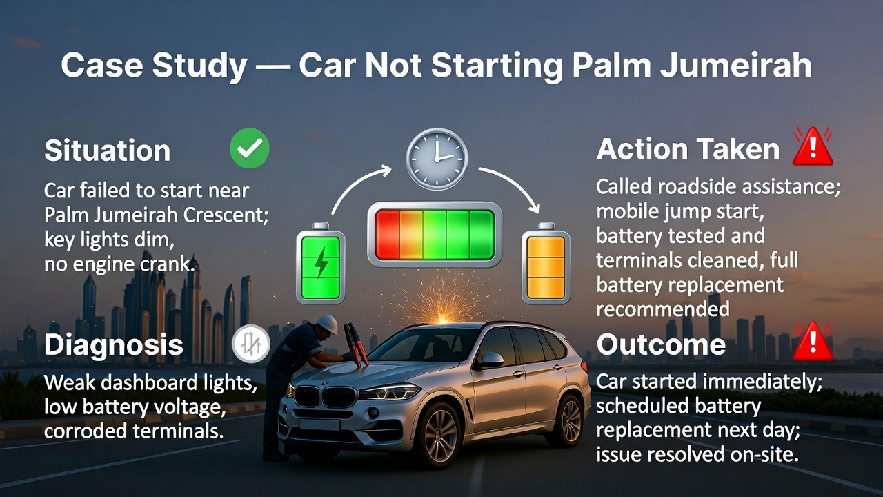 “Feature image illustrating a case study of car not starting in Palm Jumeirah, with animated vehicle in center, title at top, and key situation, diagnosis, action, and outcome points on sides in infographic style.”