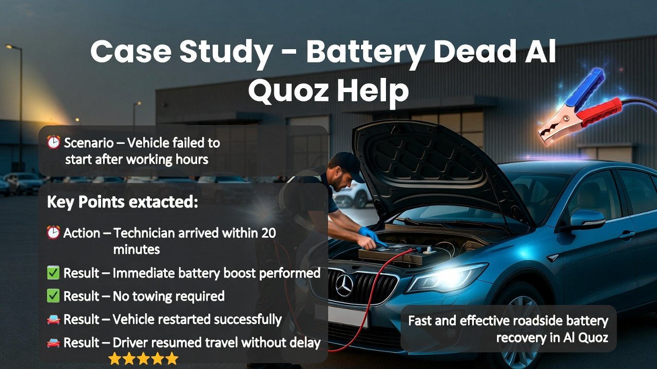 Illustration showing a real case study of Battery Dead Al Quoz Help with technician performing jump start and key results displayed on sides.