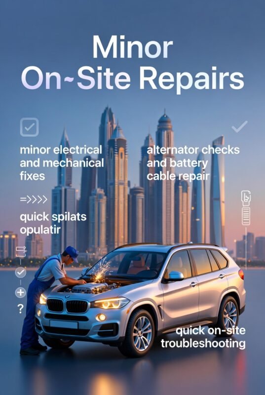 “Feature image illustrating minor on-site repair services in Palm Jumeirah, with animated vehicle in center, title at top, and key points displayed on sides in infographic style.”