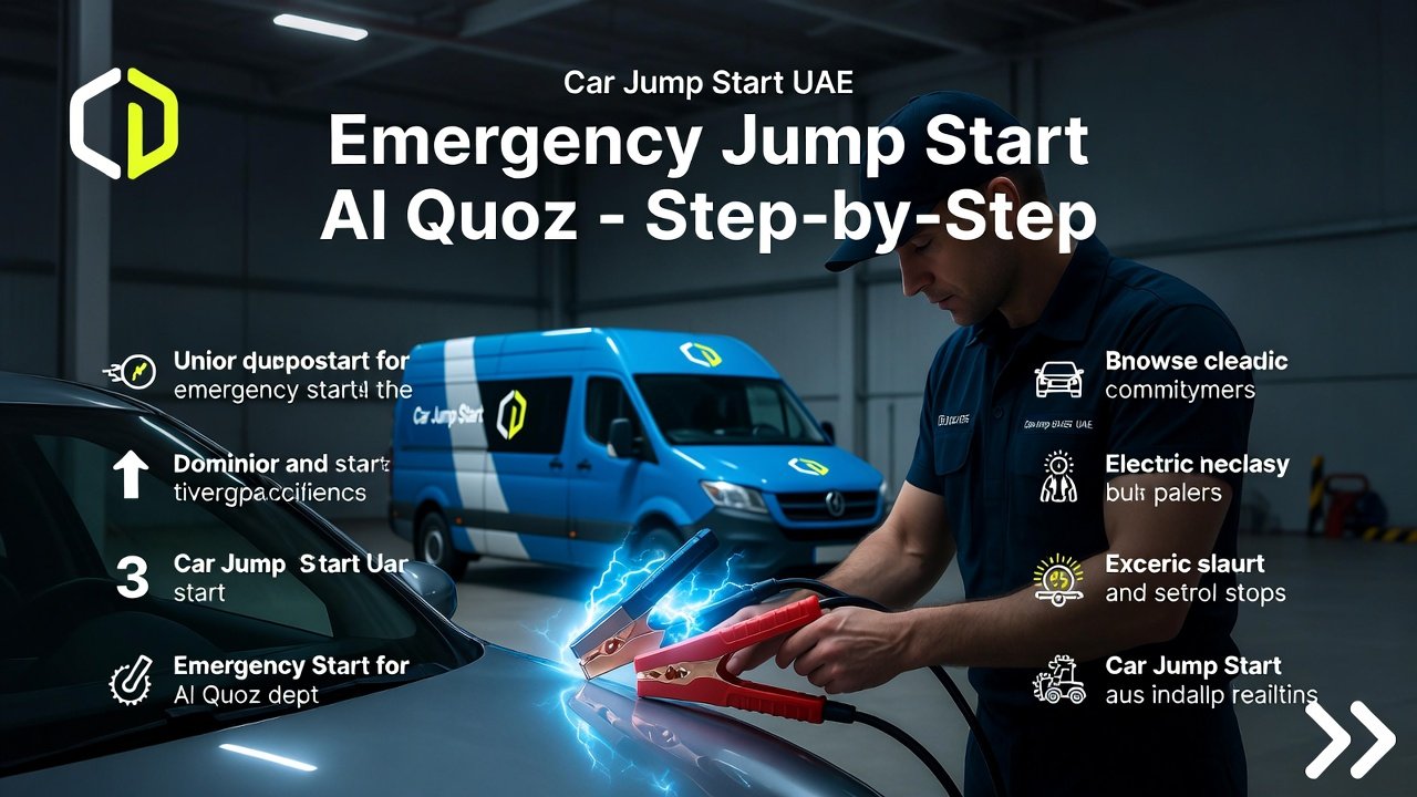 Step-by-step process of Emergency Jump Start Al Quoz with technician performing a safe jump start and key steps displayed on sides.