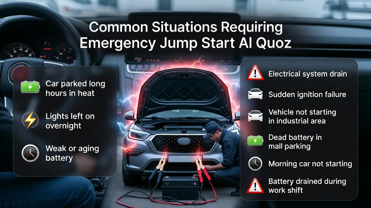 Illustration showing common car battery failure situations in Al Quoz with a technician ready to provide emergency jump start.