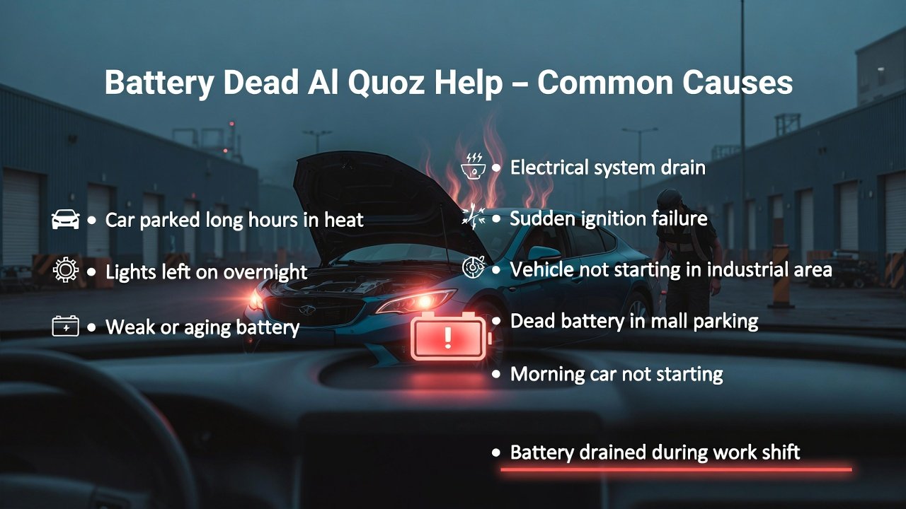 Infographic showing common causes of dead car battery in Al Quoz with technician ready for roadside assistance.