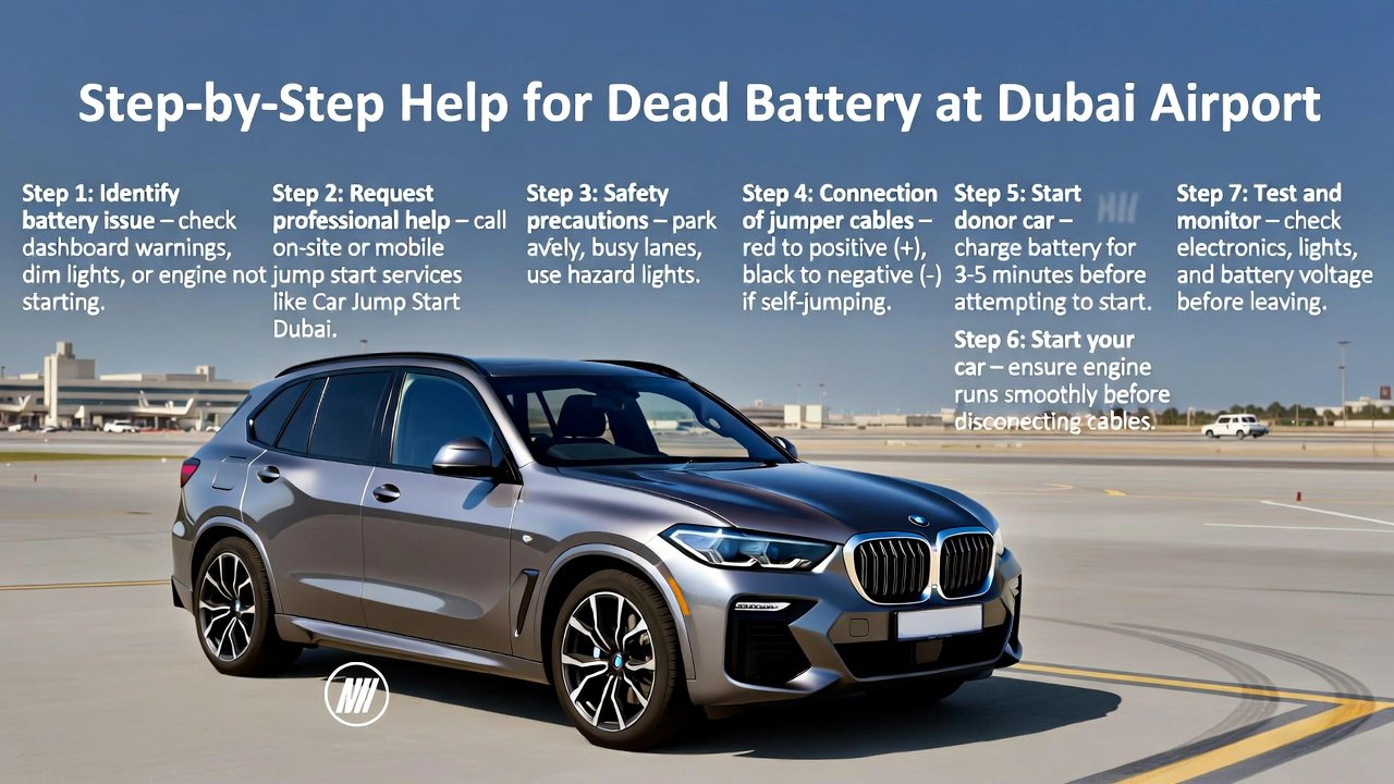 “Animated user guide showing step-by-step help for dead car battery at Dubai Airport, with luxury car in the center and step points on sides including identification, professional help, safety, jumper connection, engine start, and monitoring.”
