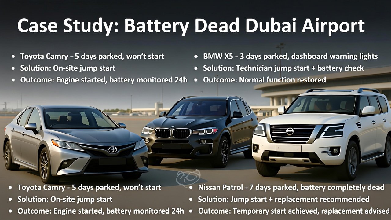 “Animated user guide showing a case study of battery dead scenarios at Dubai Airport, featuring Toyota Camry, BMW X5, and Nissan Patrol with parking duration, problems, solutions, and outcomes.”