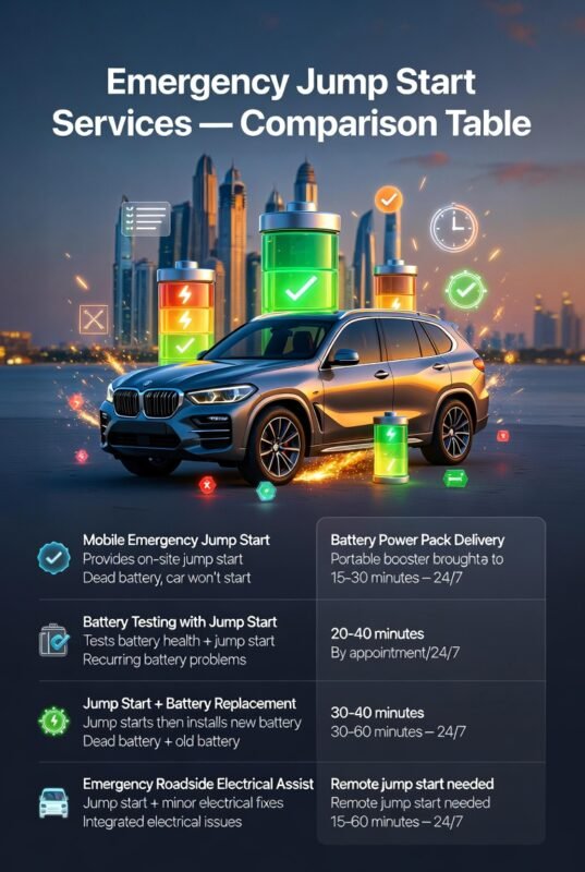 “Feature image showing comparison of emergency jump start services in Palm Jumeirah, with animated vehicle in center, title at top, and service table points displayed on sides in infographic style.”