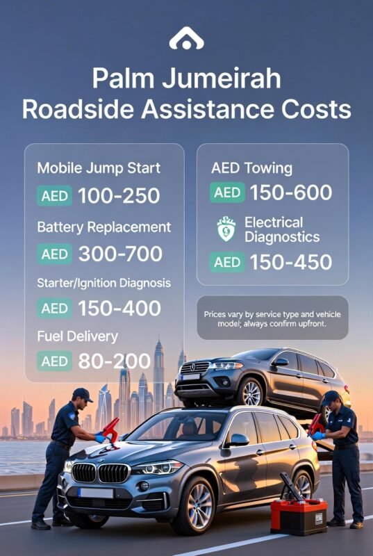 “Feature image illustrating Palm Jumeirah roadside assistance service costs, with animated vehicle in center, title at top, and key service prices displayed on sides in infographic style.”