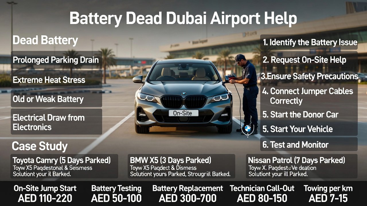 “Animated user guide showing help for dead car batteries at Dubai Airport, with luxury car in center, step-by-step tips, causes, case studies, and service costs displayed on sides.”
