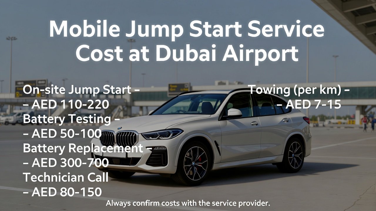 “Animated user guide showing mobile jump start service costs at Dubai Airport, with a luxury car in the center and side points displaying on-site jump start, battery testing, replacement, technician call, and towing costs.”