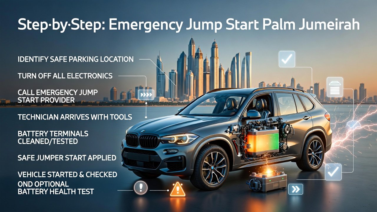 “Feature image illustrating step-by-step emergency jump start process in Palm Jumeirah, with animated vehicle in center, title at top, and key steps displayed on sides in infographic style.”