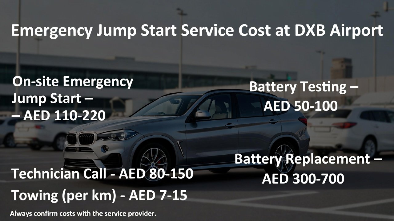 “Animated user guide showing emergency jump start service costs at DXB Airport, with luxury car in the center and side points displaying on-site jump start, battery testing, replacement, technician call, and towing costs.”