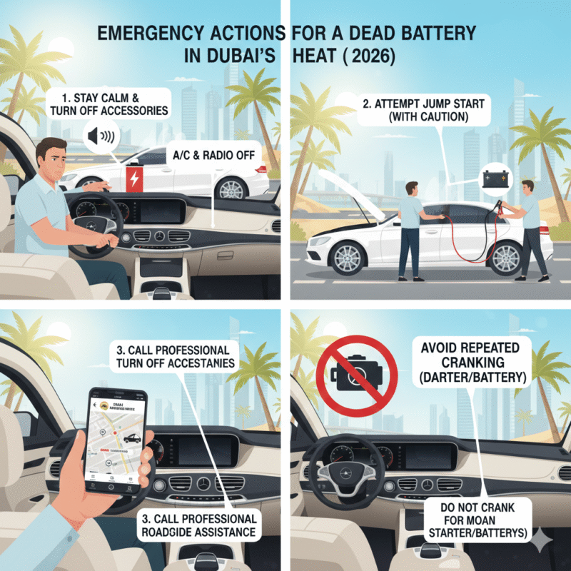 Driver turning off accessories, attempting jump start, and calling roadside assistance during battery drained while waiting Dubai 2026
