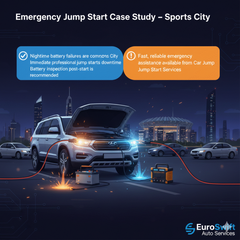 “User guide illustration showing the title at the top, key emergency jump start case study takeaways on the sides, and a central animated SUV and cars jump start scene with a brand logo.”