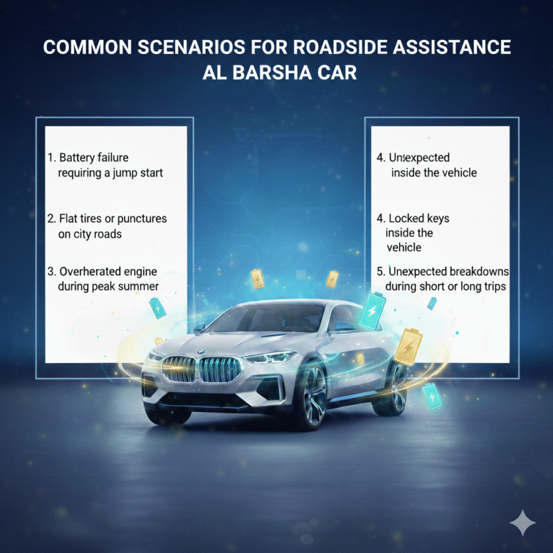 Feature image showing 'Common Scenarios for Roadside Assistance Al Barsha Car' title at the top, luxury car in the center with glowing battery or hazard symbols, and key roadside scenarios displayed on the left and right sides.