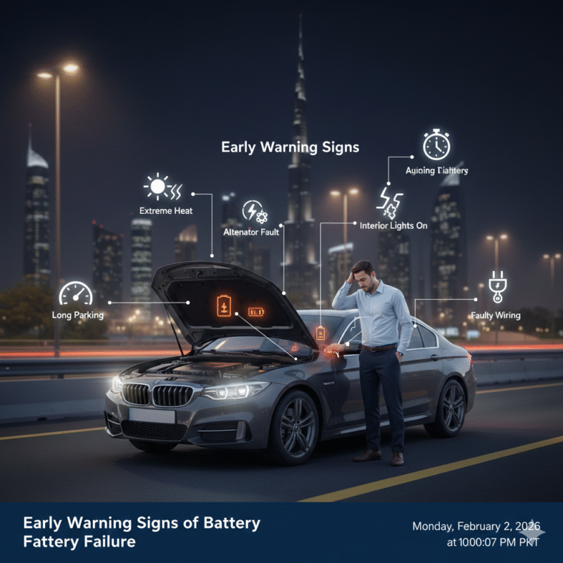 Driver tries to start a car on Dubai roadside with dim dashboard lights and unresponsive key fob, highlighting dead battery symptoms.