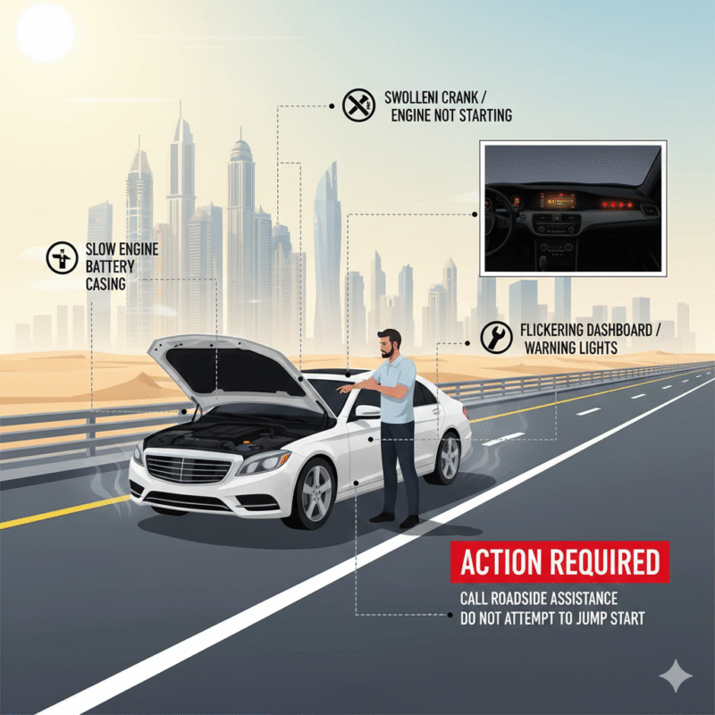 Infographic showing car battery failure signs in Dubai heat with engine, dashboard, and warning light indicators.