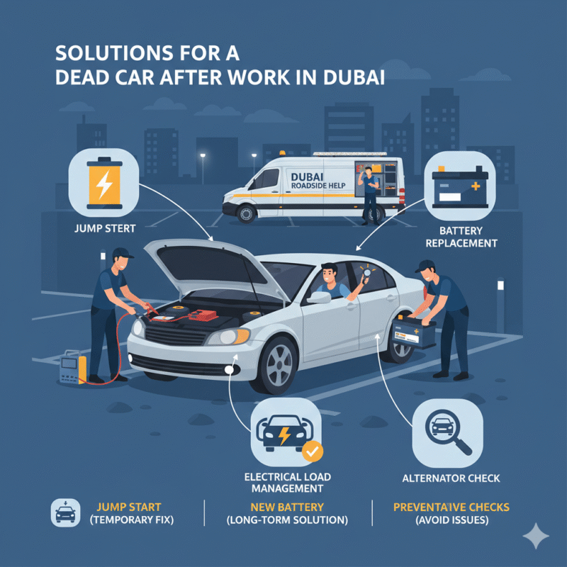 Dubai car dead after work being jump-started by technician, new battery installed, and interior lights turned off, illustrating solutions for dead car issues.