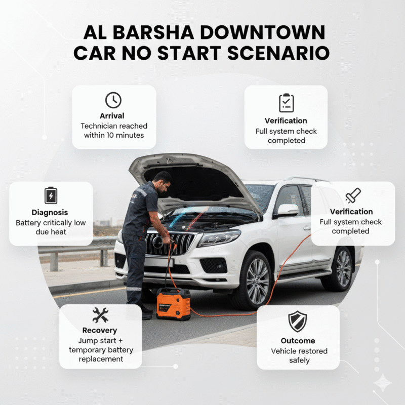 "Automotive case study infographic showing roadside technician jump starting a luxury SUV in Al Barsha Downtown with animated panels describing arrival, diagnosis, recovery, and verification stages."