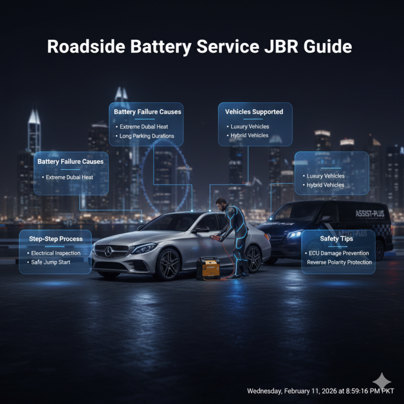 High-end user guide infographic showing central branded image with side key points and animated panels for Roadside Battery Service JBR
